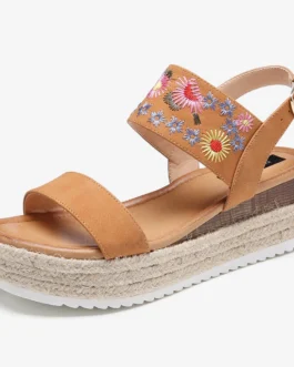 قماشية التطريز الزهور مشبك حزام الصنادل منصة Slingback للنساء