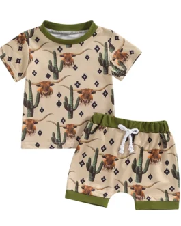 مجموعة ملابس رعاة البقر رعاة البقر ، طباعة الحصان ، قصيرة الأكمام تي شيرت ، شورت بقر علوي ، طفل رضيع غربي ، طفل صغير ، الصيف 1