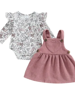 طقم فستان بأكمام طويلة للفتيات ، رومبير مطبوع بالزهور ، خليط على شكل قلب ، فستان حمالة ، أرنب 1