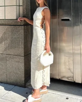 فستان طويل بدون أكمام للنساء برقبة مستديرة ، أرواب نسائية ، أبيض ، ديكور دائري ، كاجوال ، صيفي 1