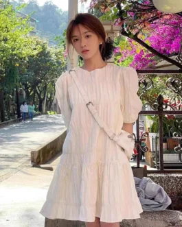 فستان نسائي قصير الأكمام ، رقبة مستديرة ، فرنسي كاجوال ، أحادي اللون ، فضفاض ، صيفي 1