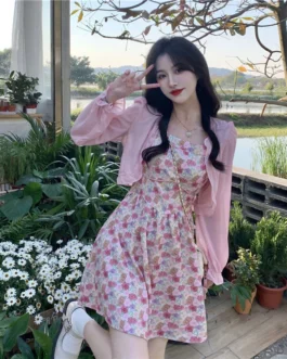 فستان قصير نسائي مطبوع بالزهور على شكل حرف A ، فساتين أعياد جميلة ، الصيف 1