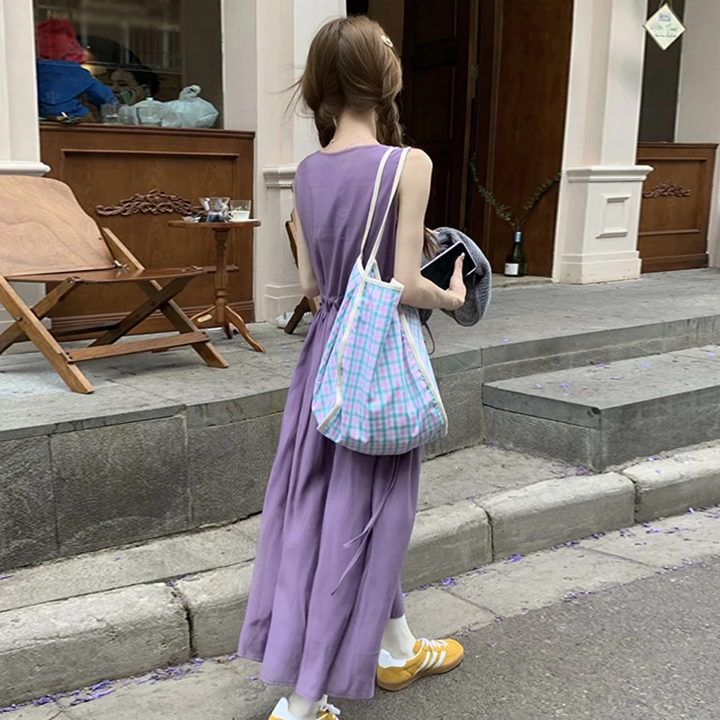 فستان نسائي أرجواني من الدانتيل الجميل بحمالات رفيعة بلا أكمام ، فساتين فضفاضة على شكل خط ، طويل ، أحادي اللون ، ياباني ، صيفي 4