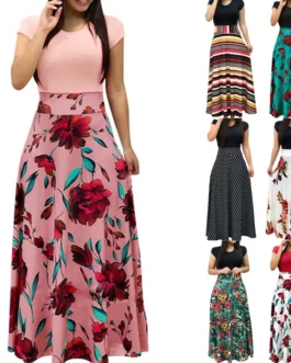 فستان نسائي بأكمام قصيرة مطبوع عليه زهور ، ملابس شاطئ ، رقبة طاقم ، حجب الألوان ، عتيق ، طويل ، حفلة ، 1