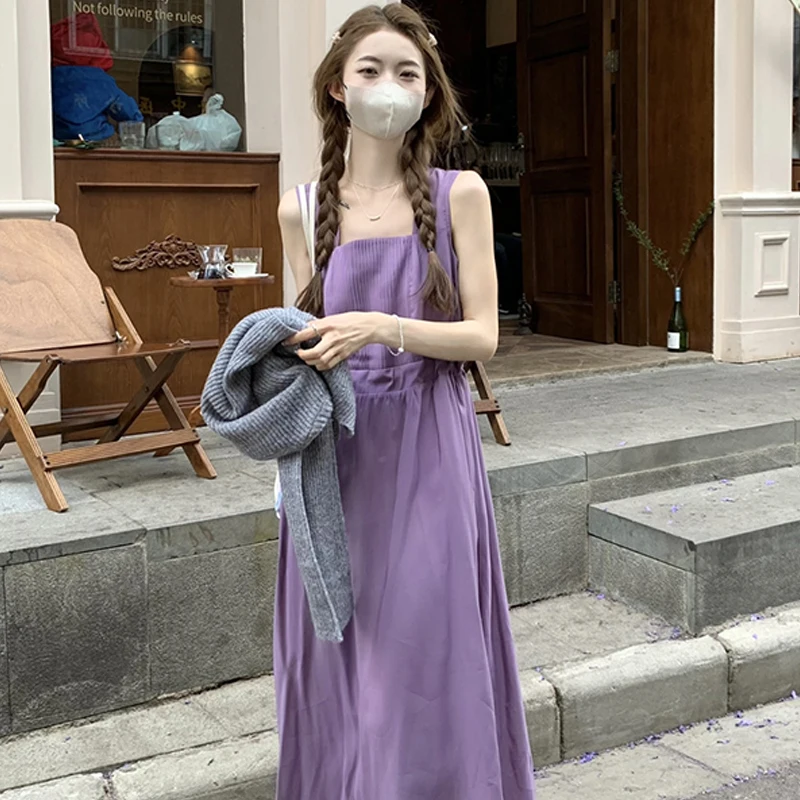 فستان نسائي أرجواني من الدانتيل الجميل بحمالات رفيعة بلا أكمام ، فساتين فضفاضة على شكل خط ، طويل ، أحادي اللون ، ياباني ، صيفي 2