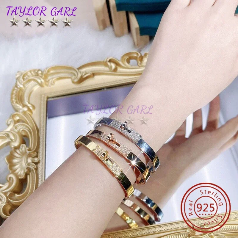 سوار بقفل ملتوي من الفضة الإسترليني S925 للنساء ، مجوهرات زفاف من الذهب الوردي ، شعار كلاسيكي ، جودة عالية ، أزياء شائعة 3