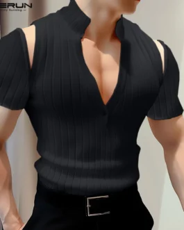 INCERUN-تي شيرت منسوج بفتحة رقبة على شكل حرف V للرجال ، قمصان مثيرة ، توبات مجوفة ، تي شيرت مناسب ، ملابس حفلات ، ملابس الشارع ، الصيف ، 1