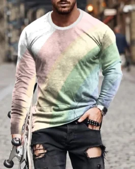 تي شيرت رجالي بأكمام طويلة ورقبة مستديرة ، أحادي اللون كلاسيكي ، ملابس مطبوعة ثلاثية الأبعاد ، موضة غير رسمية ، صيفي 1