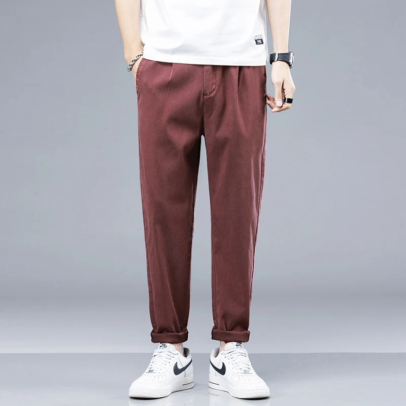 سراويل كاجوال من نسيج الليوسيل للرجال ، رقيقة ، نحيفة ، خصر مرن ، ناعم ، مريح ، ركض ، عمل ، نبيذ أحمر ، بنطلون رجالي ، صيف ، جديد 3