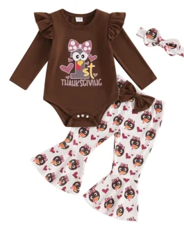 ملابس بطبعة تركيا من Ginsal ، كم طويل ، رومبير برقبة دائرية ، بنطلون مضيء ، عصابة رأس ، عيد الشكر الأول ، طقم 3 قطع 1