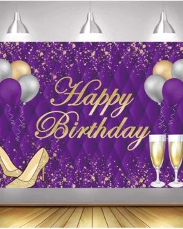 خلفية تصوير لعيد ميلاد سعيد للفتيات والنساء ، خلفية ذهبية وأرجوانية لامعة ، كعب عالي ذهبي ، ديكور شامبانيا 1