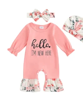 رومبير بكشكشة وأكمام طويلة للفتيات الصغيرات ، بذلة مع طباعة حروف وعصابة رأس بقوس ، ملابس الخريف ، من 0 إلى 6 سنوات 1