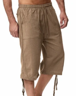 بنطلون كابري بحزام جانبي للرجال ، بنطلون رياضي من الكتان القطني ، بنطلون طويل فضفاض للركض ، بنطلون غير رسمي لملابس الشاطئ ، الربيع والصيف 1