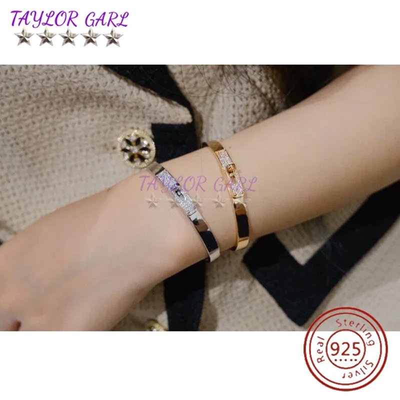 سوار بقفل ملتوي من الفضة الإسترليني S925 للنساء ، مجوهرات زفاف من الذهب الوردي ، شعار كلاسيكي ، جودة عالية ، أزياء شائعة 6