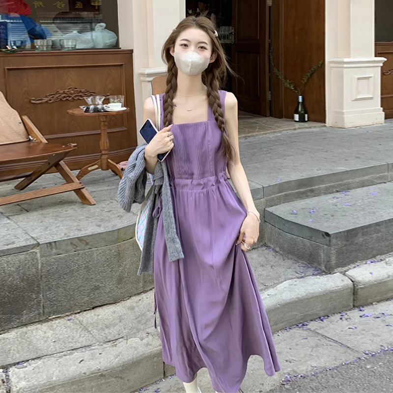 فستان نسائي أرجواني من الدانتيل الجميل بحمالات رفيعة بلا أكمام ، فساتين فضفاضة على شكل خط ، طويل ، أحادي اللون ، ياباني ، صيفي 3