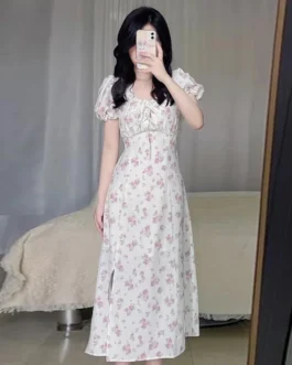 فساتين نسائية قصيرة الأكمام الأزهار ، منتصف الساق الرباط ، فستان حلو عالي الخصر 1