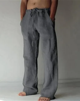 سراويل طويلة من الكتان القطني للرجال ، أحادية اللون ، جيدة التهوية ، سراويل كاجوال ، ذكور ، خصر مرن ، هاراجاكو ، عصرية ، صيفية 1
